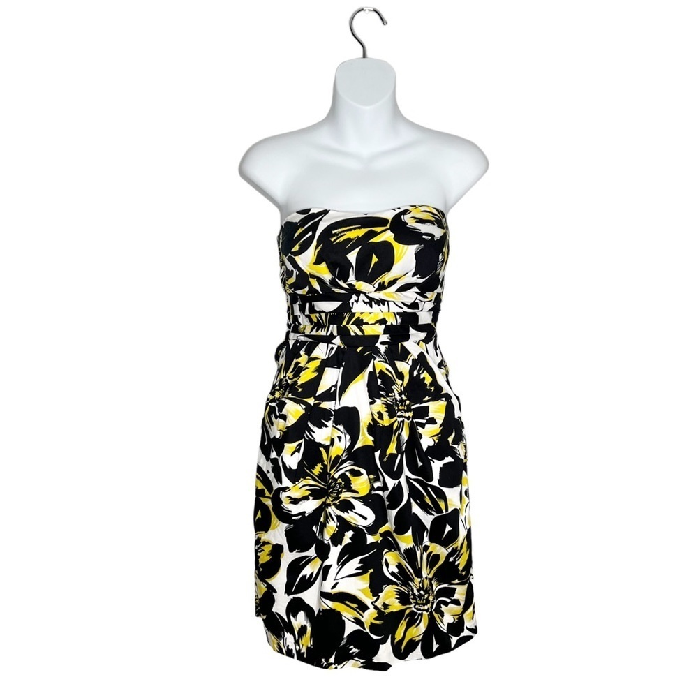 Snap Strapless Black, White, Yellow Floral Cocktail Party Dress